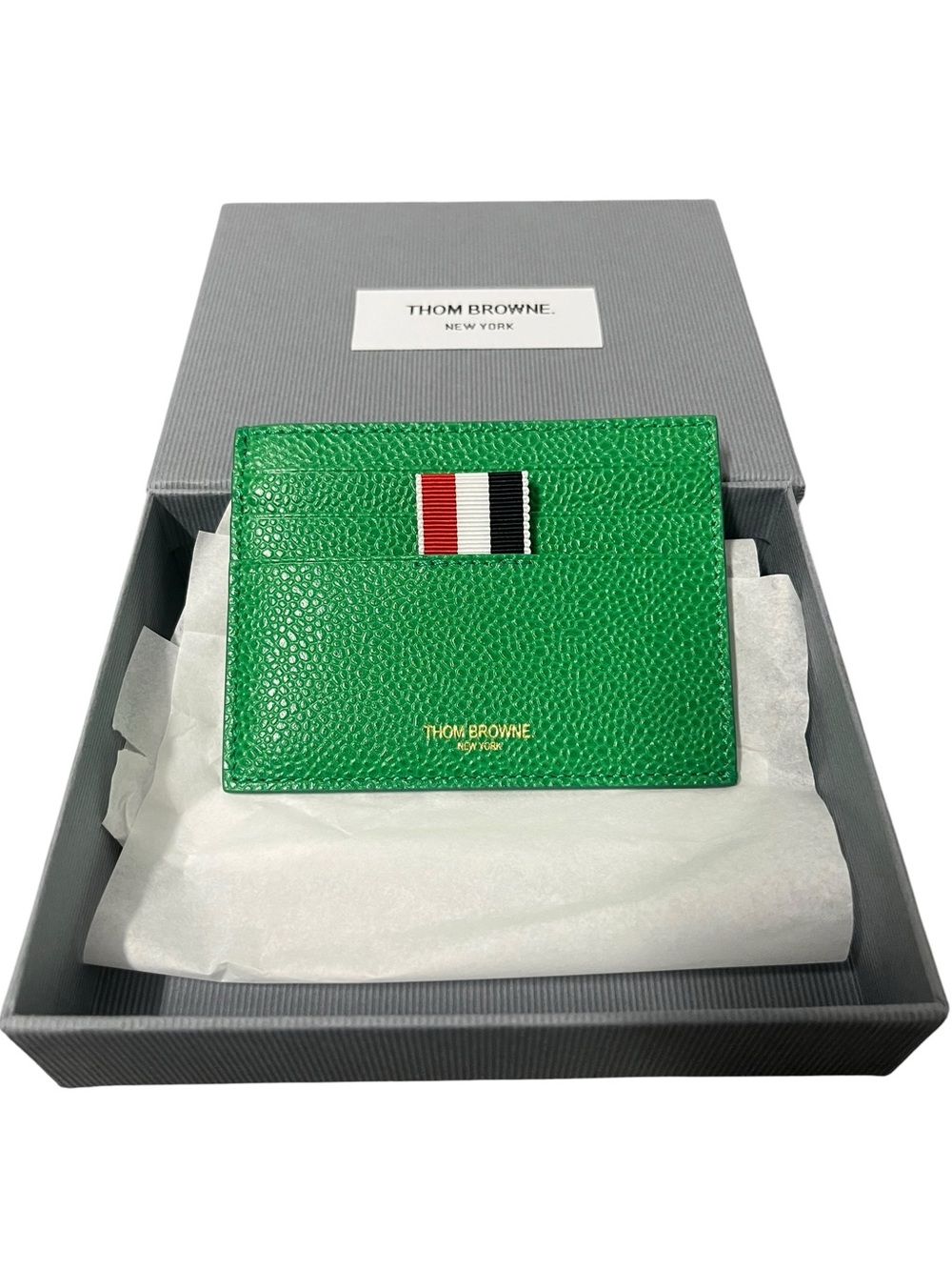 Thom Browne Green Pebbled Leather Card Sleeve with Red White Black Stripe